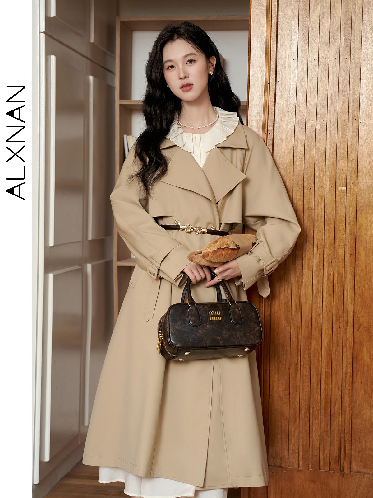 Alxnan feminino cáqui longo trench coat 2025 outono inverno terno colarinho manga raglan camélia metal botão casaco l39622