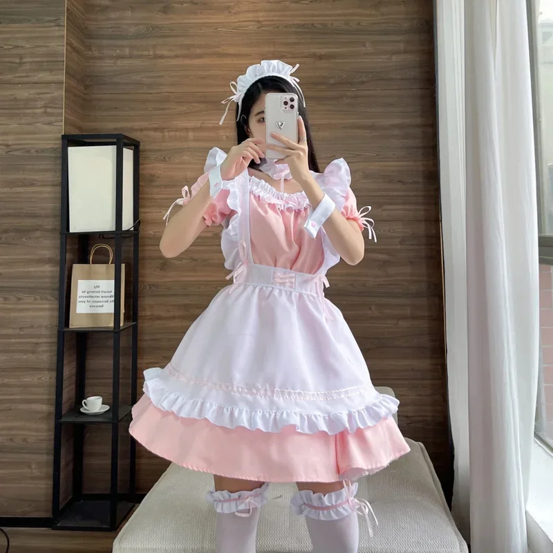 Uma sexy lolita rosa trajes de empregada doméstica meninas sexy empregada cosplay traje dos desenhos animados mostrar roupa japonesa avental vestido para roupas femininas novo