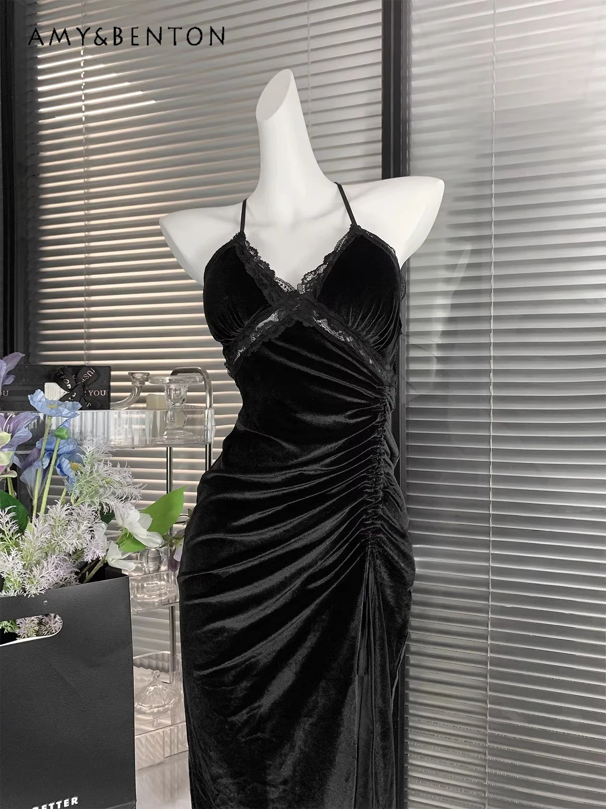 

2026 Summer Sexy Women's Black Butterfly Lace Backless Drawstring Velvet Slim Mid-long Nightgown Dress with Chest Pad