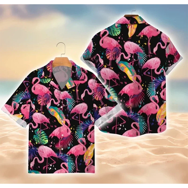 2025 الصيف الحيوان فلامنغو الرجال قميص هاواي صيفي ثلاثية الأبعاد قميص للرجال مضحك الكرتون طباعة حجم كبير قمصان هاواي الشاطئ زهرة قميص