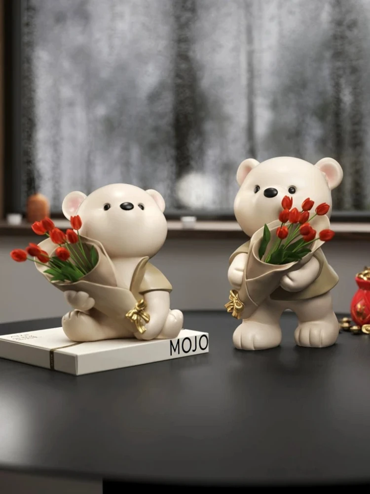 Nordic Art Home Decor Vitality Bear Bouquet Desktop Ornament Living Room Dining Table Creative Decorative Vase Resin Crafts Gift
