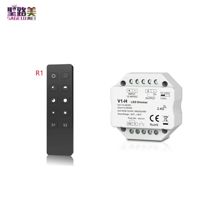 V1-H V1-H/P Single Color LED Dimmer Step-less/Push Dim Controller DC12-48V R1 1Zone Dimming RF Remote Control For LED strip Lamp