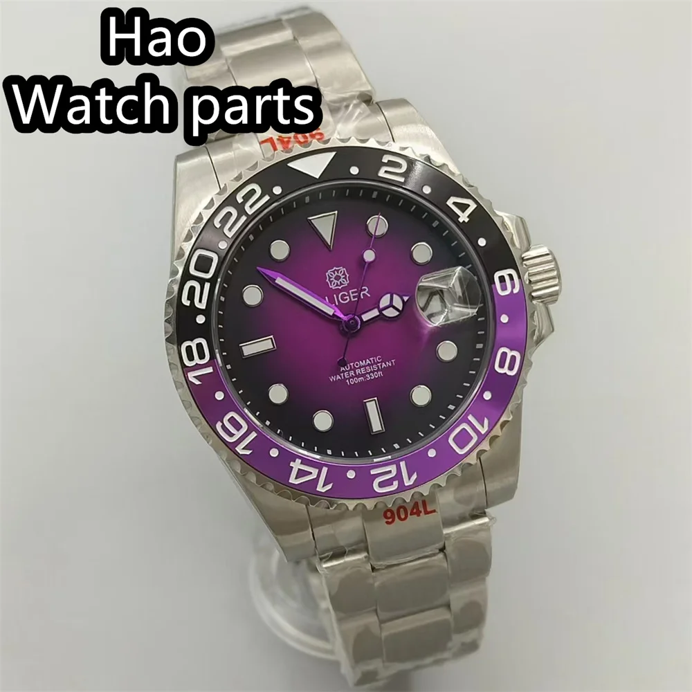 BLIGER 40mm Men Watch NH35 Automatic Mechanical Wristwatch Green Luminous Black&Purple Luminous Bezel Sapphire Glass Waterproof