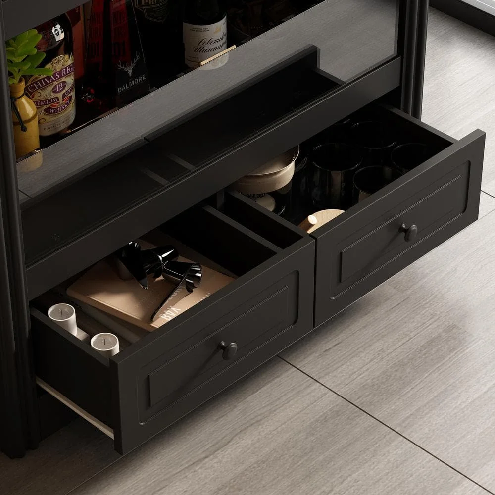 خشب أسود 31.5 بوصة. خزانة النبيذ ذات العرض، خزانة جانبية مع رفين مفتوحتين. 2 درج ونصف سياج زجاجي #6