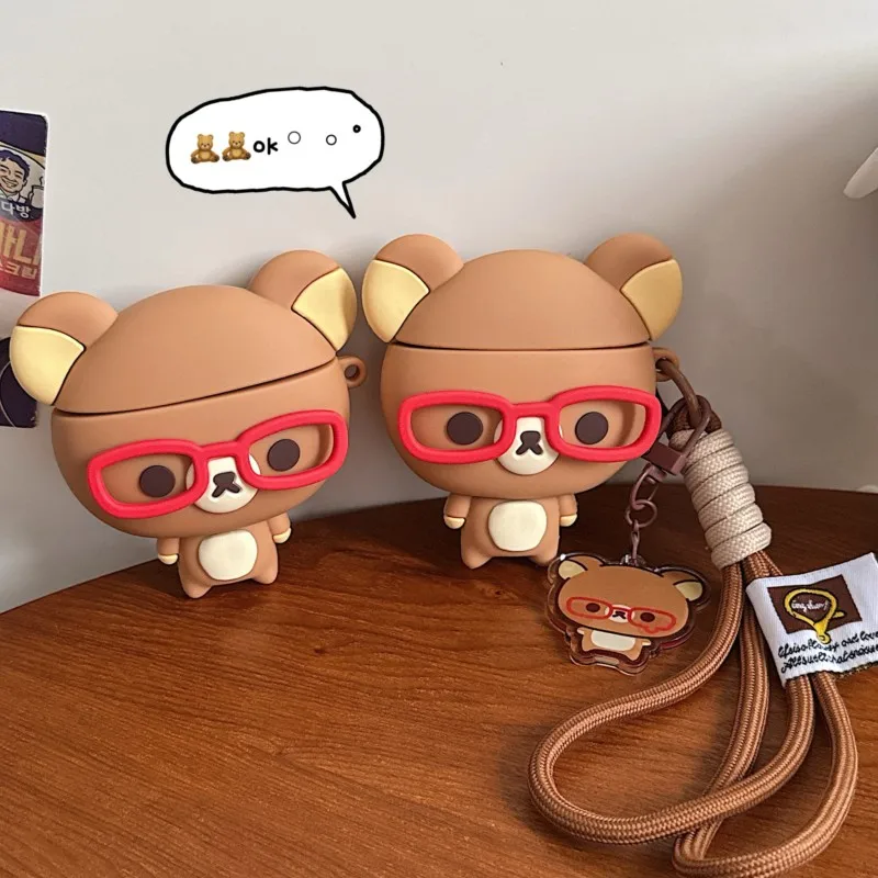 3D Rilakkuma Bear Glasses For AirPods Case Red Frame Silicone Cover with Strap Cute Kawaii Design for AirPods 4/3 Pro/Pro2/Pro3 view 3