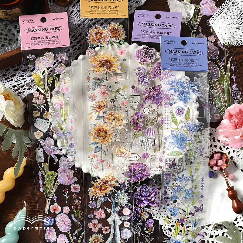 

1pc/pack PET Strip Tape Stickers Wilderness Afterheat Silver Gilding Plant Flower Hand Account Material Decorations