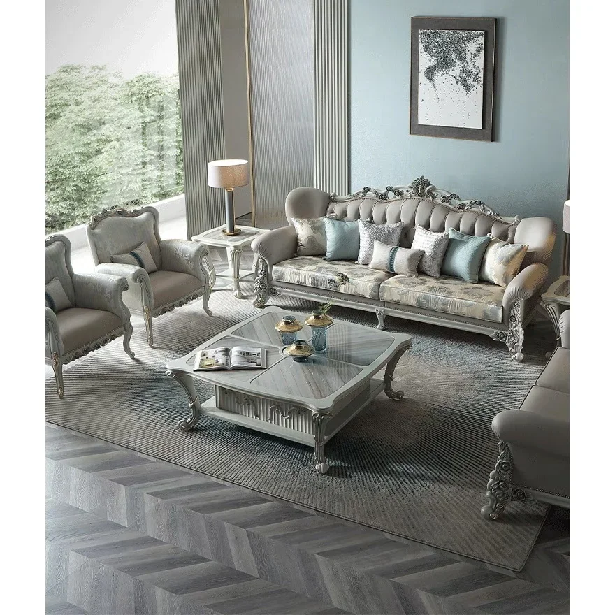

Furniture European Traditional Style French Leather Luxury Sofa Set