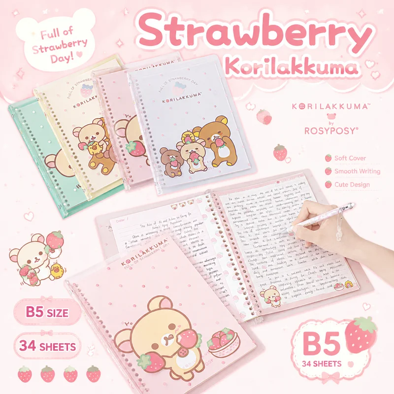 Rosyposy Rilakkuma B5 Soft Cover Loose Leaf Notebook Strawberry Pattern Cartoon Writing Journal For Office School Stationery