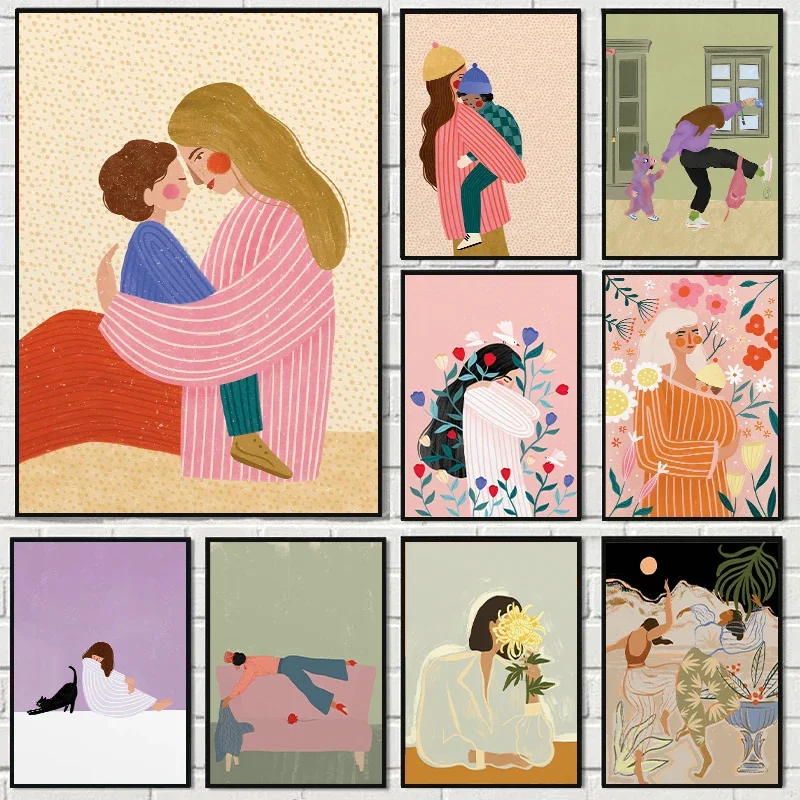 1pc frameless Canvas Abstract Mother Hold Her Son Illustration Canvas Print Mother's Day Feminist Wall Art Poster for Modern