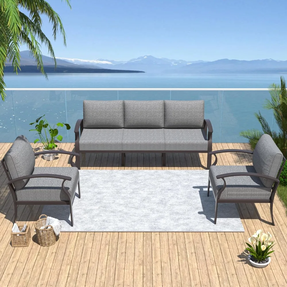 Patio Furniture Set 3-Piece Aluminum Sectional Sofa With Armrest Coffee Table Chair Set of Chairs and Garden Table Grey Mesas