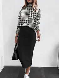 Women's Elegant Casual Set Warm Fashionable Long Sleeve Top Slim Pencil Skirt Autumn And Winter Printed Office Women's Set