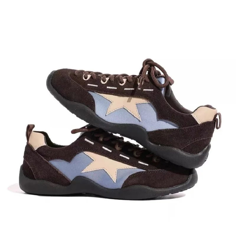 Retro Genuine Leather Deqin Shoes Women's 2026 New round Toe Lace up Versatile Casual Sports Shoes Heightening Star Little