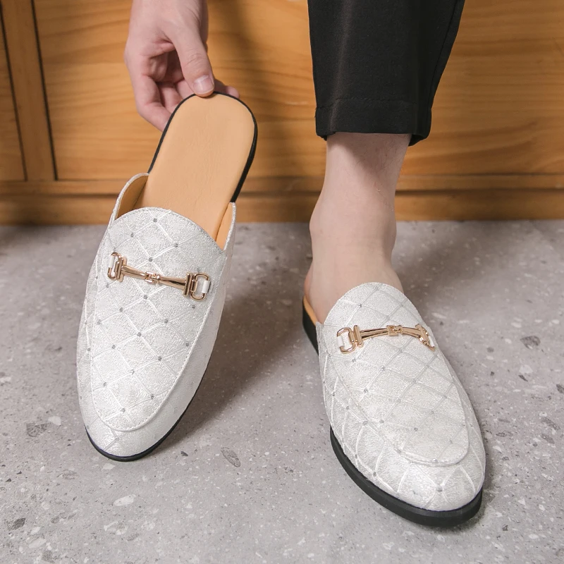 Big Size 46 47 Mules Men Backless Casual Shoes Loafers Slippers Slip On Closed Toe Leather Summer Half Shoes Man Slides Sandal