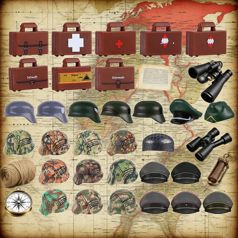 Accessoires de la série militaire de la seconde guerre mondiale, blocs de construction, figurines de soldats, casque d'officier, guerrier, sac médical, briques d'infanterie, jouets