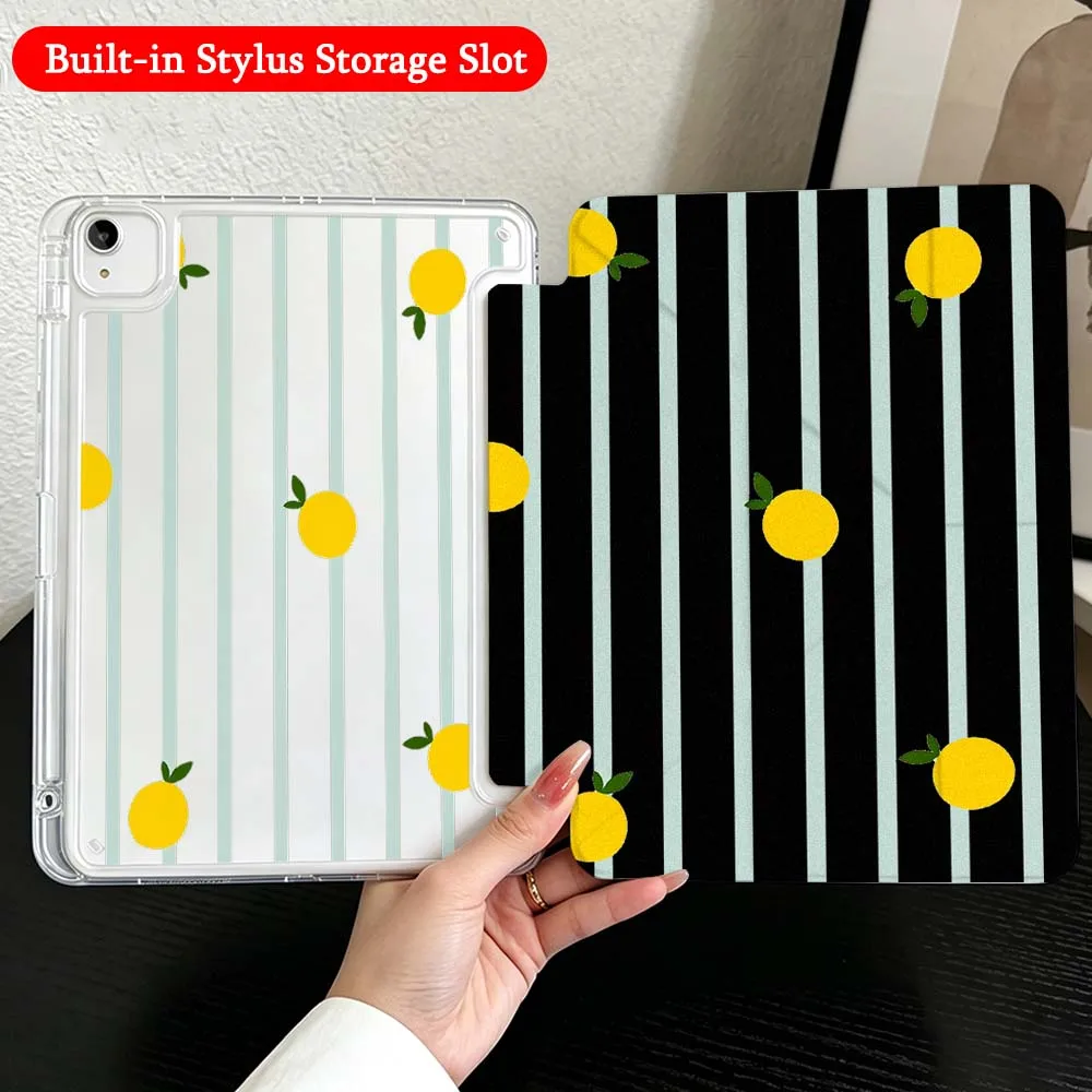Cartoon Lemon Striped For iPad Mini Pro Air 5 6 7 8 9 10th 11th 11 9.7 10.9 13 inch Transparent Y-Shaped Folding Tablet Case