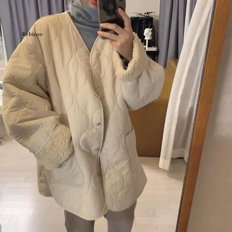 

Lamb wool cotton jacket female spring and autumn new Korean version loose wild thick mid-length cotton jacket autumn and winter