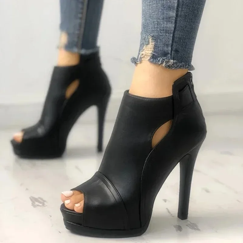 Fish Mouth Sandals High Heels Women Pumps Office Breathable Hollow Out Square Boots Summer Platform Heels Party Wedding Shoes