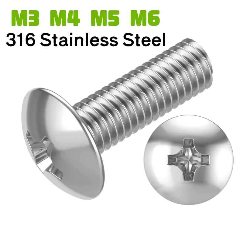 316 Stainless Steel M3 M4 M5 M6 Cross Recessed Truss Big Flat Head Screw Mushroom Head Screws Truss Phillips Bolts