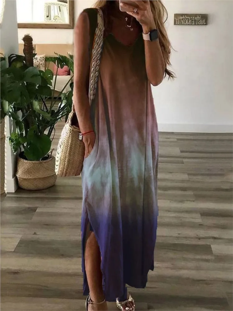 Gradient Tie Dye Print Sleeveless Long Dresses Women Fashion Casual  V-neck Loose Slit Vest Dress Female Summer A-line Vestidos