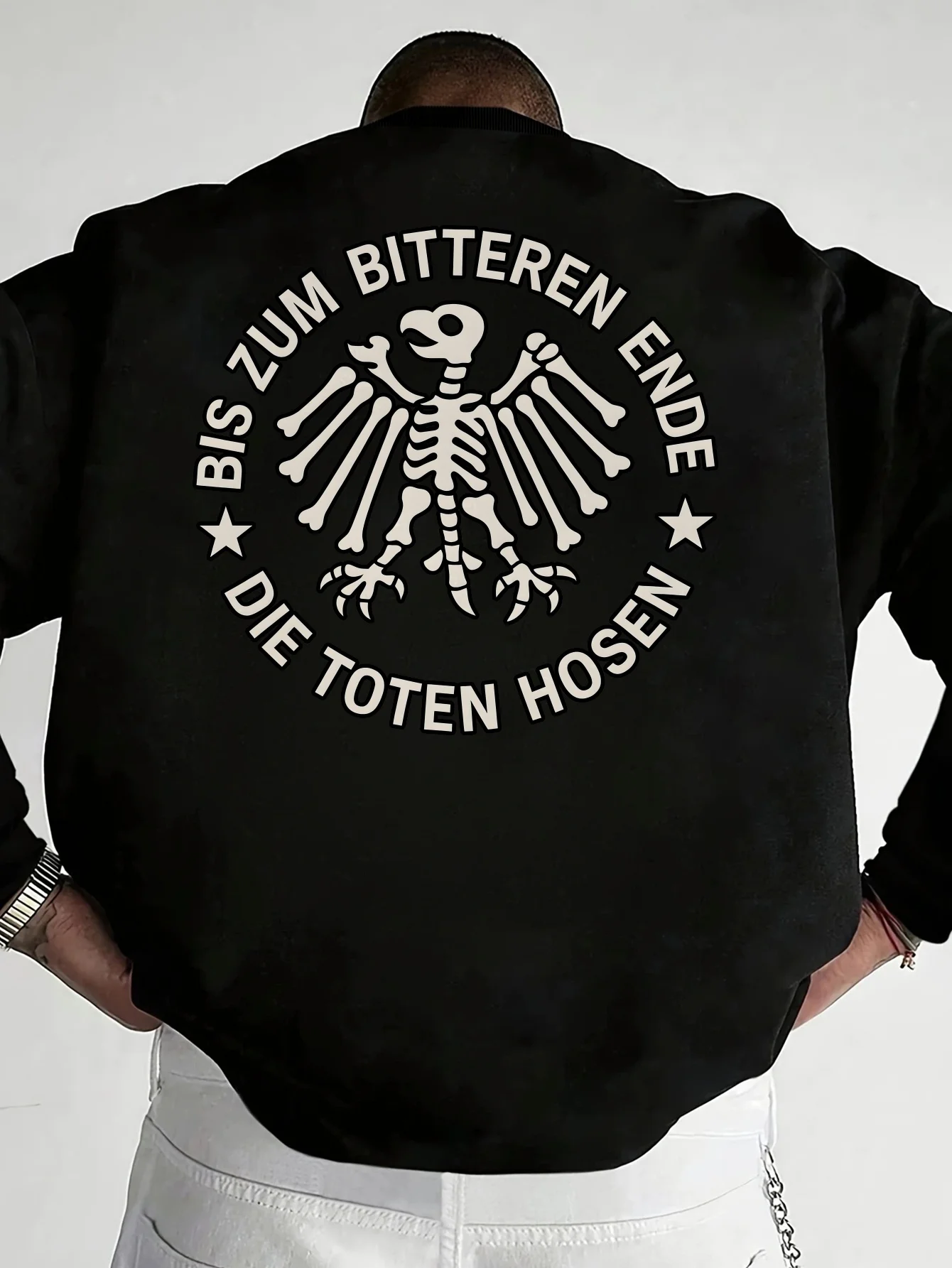 

Men'S Casual Skull Graphic Sweatshirt Set - Black with White Skull & Wings Design, Cozy Fall/Winter Pullover