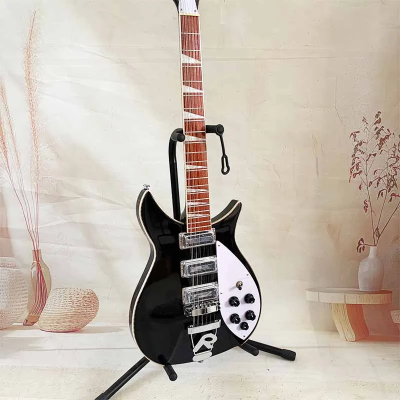 12-string electric guitar with black solid wood body, single binding, HHH pickup configuration, bone nut, R tailpiece, fixed bri