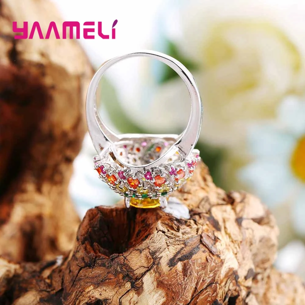 Stylish Luxury Style Colorful Crystal Cubic Zirconia With Yellow Stone 925 Sterling Silver Rings For Women Gift