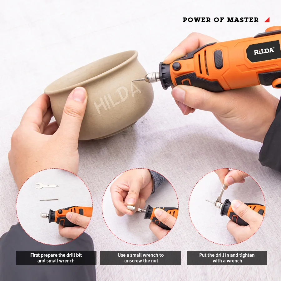 HILDA High-Power Engraver Electric Drill Engraving Rotary Tool 200W Machine with Flexible Shaft 6-Position Variable Speed Kit