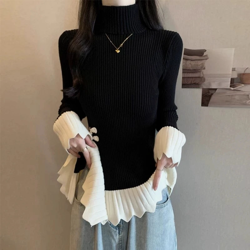 

Women's Frog Button Sweater Ruffled Contrast Turtleneck Slim Chic Jumper Top 2025 Autumn Long Sleeve Knitted Pullover Sweaters