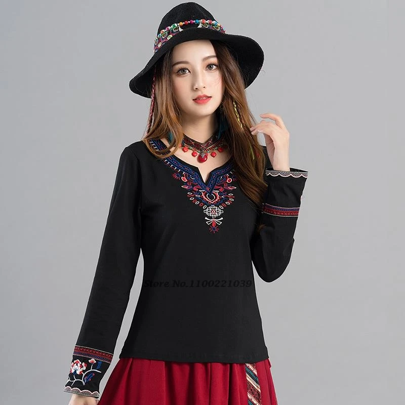 2025 chinese vintage hanfu tops v-neck national flower embroidery base shirt traditional ethnic shirt ethnic streetwear t-shirt