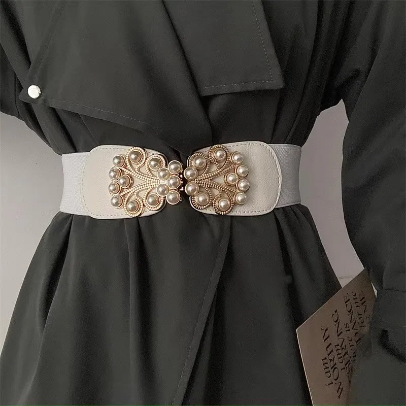 Women's Fashion Pearl Buckle Elastic Corset Female Cummerbund Coat Waistband Dress Decration Wide Belt  J316