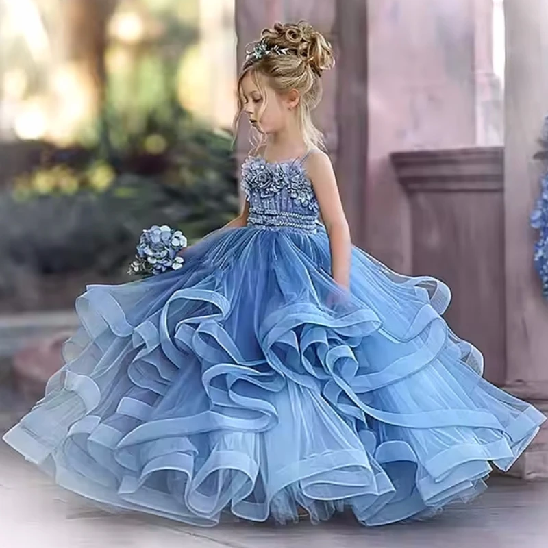 Customized Dusty Blue Flower Girl Dresses Tulle Flory Appliques Tiered Sleeveless For Wedding Pageant Birthday Banquet Gowns