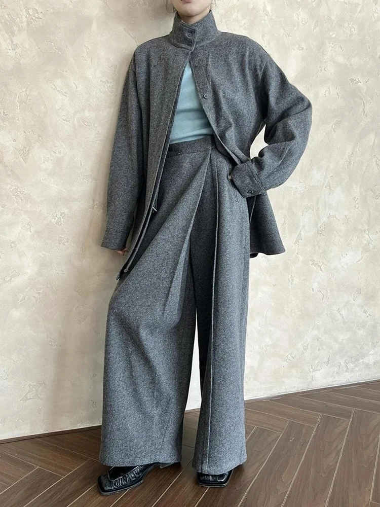 [LANMREM] Office Lady Wool 2 Piece Set Women\'s Stand Neck Belt Gathered Waist Blazers High Loose Pants 2024 Winter New 26C1138