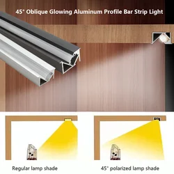 Aluminum Profile Bar Light LED Recessed Hidden 45Degree Oblique Glowing Strip Line Lamp Diffuser Channel Cover for Cabinet Shelf