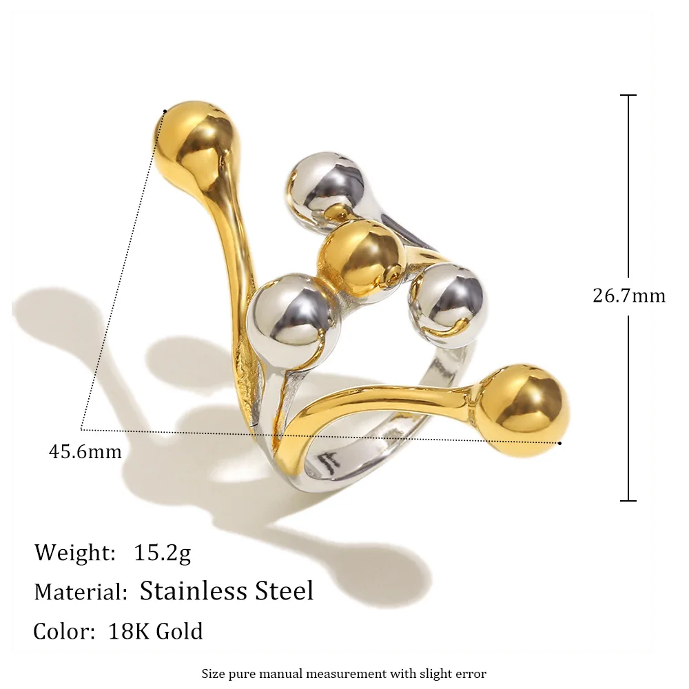 Two-Tone Stainless Steel 18K Gold Plated Exaggerated Round Ball Open Ring Geometric Statement Finger Jewelry for Women