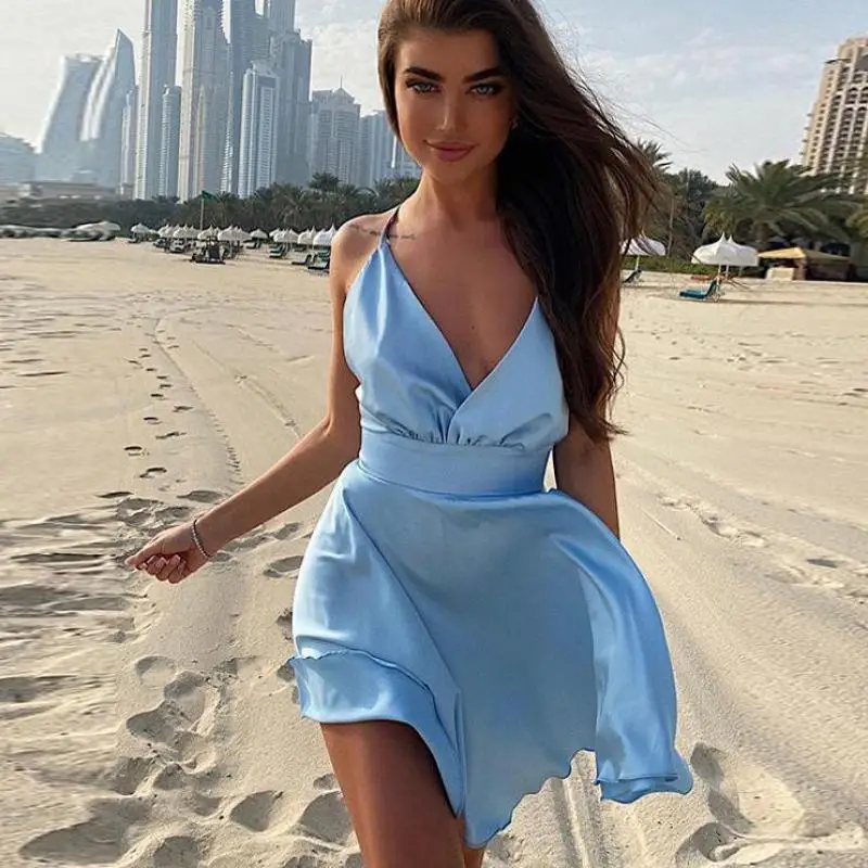 

European And American Summer New Solid Color Fashion Bow Sexy Suspenders Large Swing Dress Women's Clothing