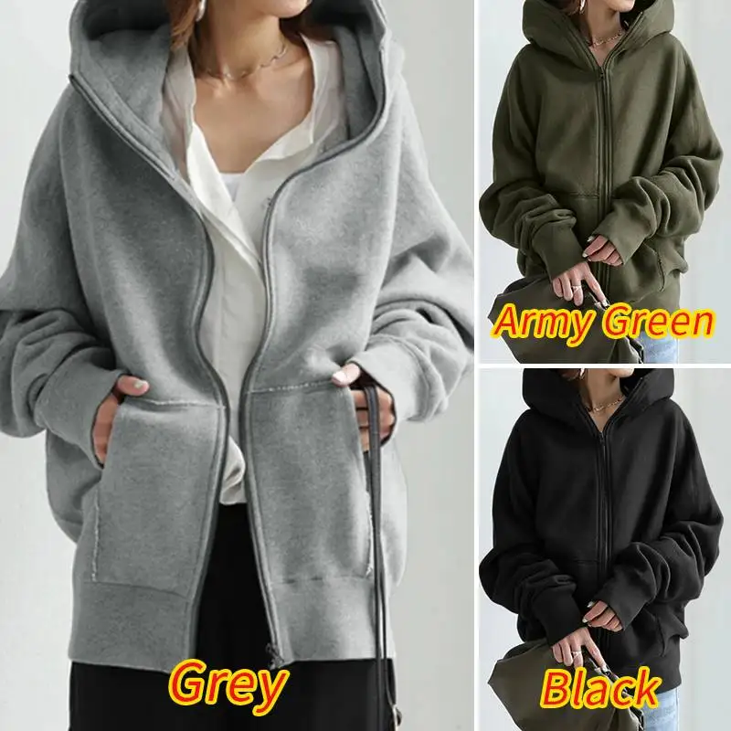 

2023 New Women's Hoodie Long Sleeve Thermal Velvet Sportswear Loose Street Style Zipper Jacket Cotton Polyester Blend
