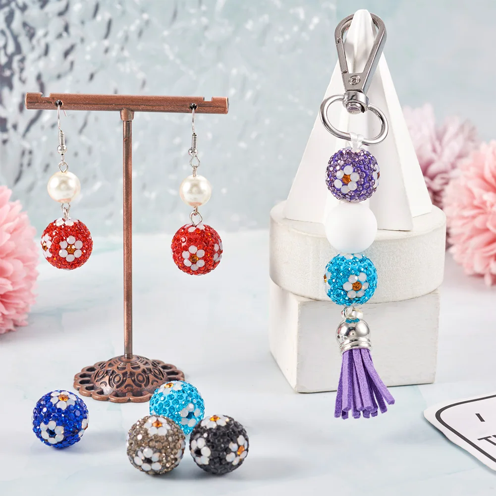20pcs Pave Disco Ball Beads 16mm Polymer Clay Rhinestone Round with Flower Beads for jewelry making DIY bracele necklace earring