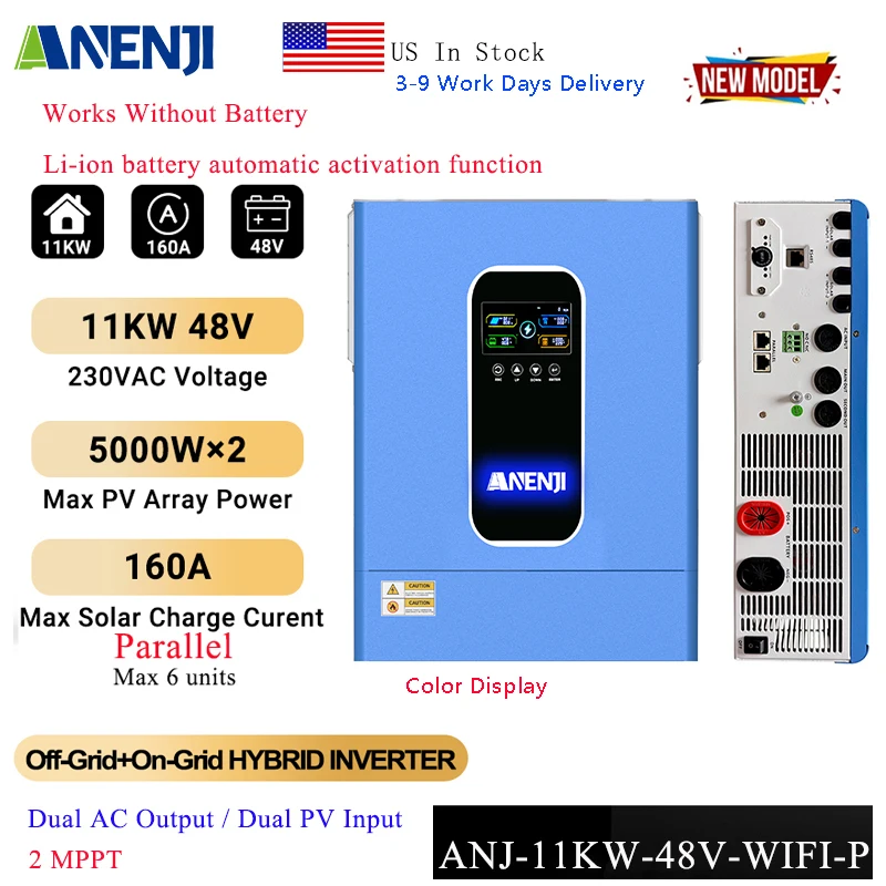 ANENJI 11KW 48V Hybrid Solar Inverter Parallel Pure Sine 230V Photovoltaic Inverter Dual AC Output/PV Input 160A Solar Charger