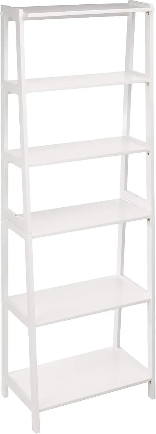 Básico-Rubberwood 5 Shelf Ladder, Estante, Branco, 15.03 "D x 25.98" W x 74.48 "H