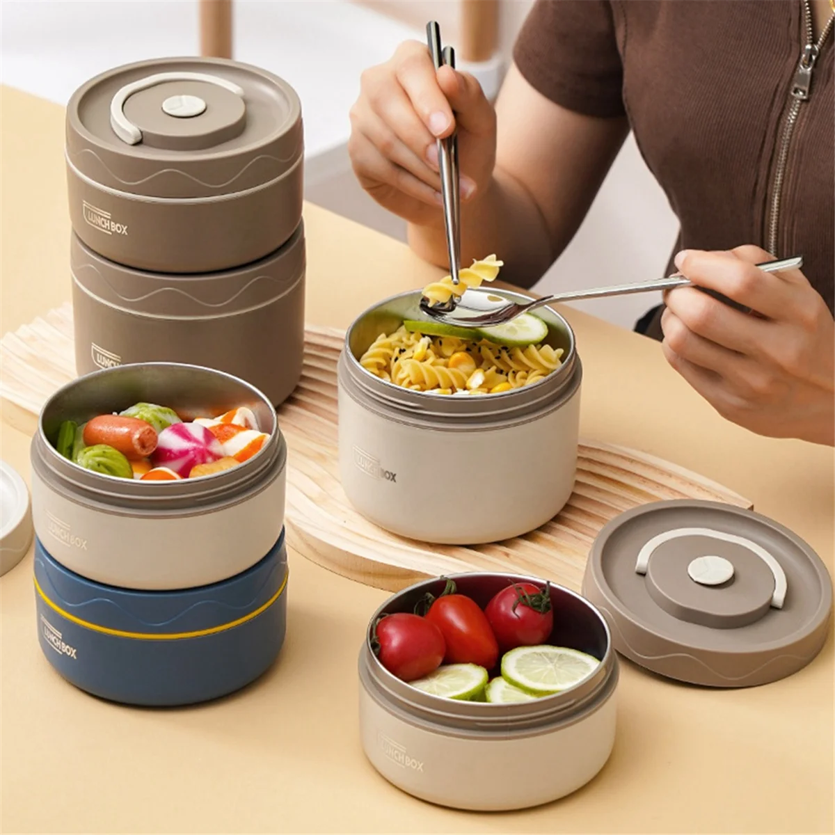 Imagem -04 - Recipiente de Almoço Térmico de Caixa Bento Portátil Recipiente Quente de Alimento Azul a 420ml 1pc Aço Inoxidável