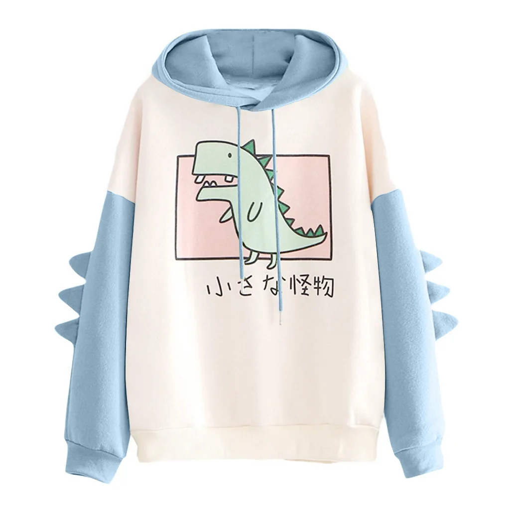 

Winter Autumn Popular Trend Kawaii Dinosaurs Cartoon Print Hoodies Women Blue Red Orange Sportwear Female Sweatshirts Cute Tops