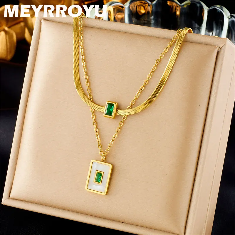 MEYRROYU 316Stainless Steel 2 in 1 Square Green Stone Pendant Necklace ForWomen Luxury Jewelry Wedding Jewelry Party Accessories