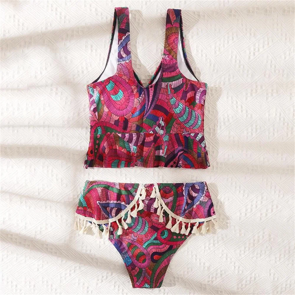 Sexy Ruffled Fringe Tankini Boho Print Bikini Swimsuit Push Up Brazilian Swimwear Women Y2K High Waist Beach Outfit Bathing Suit