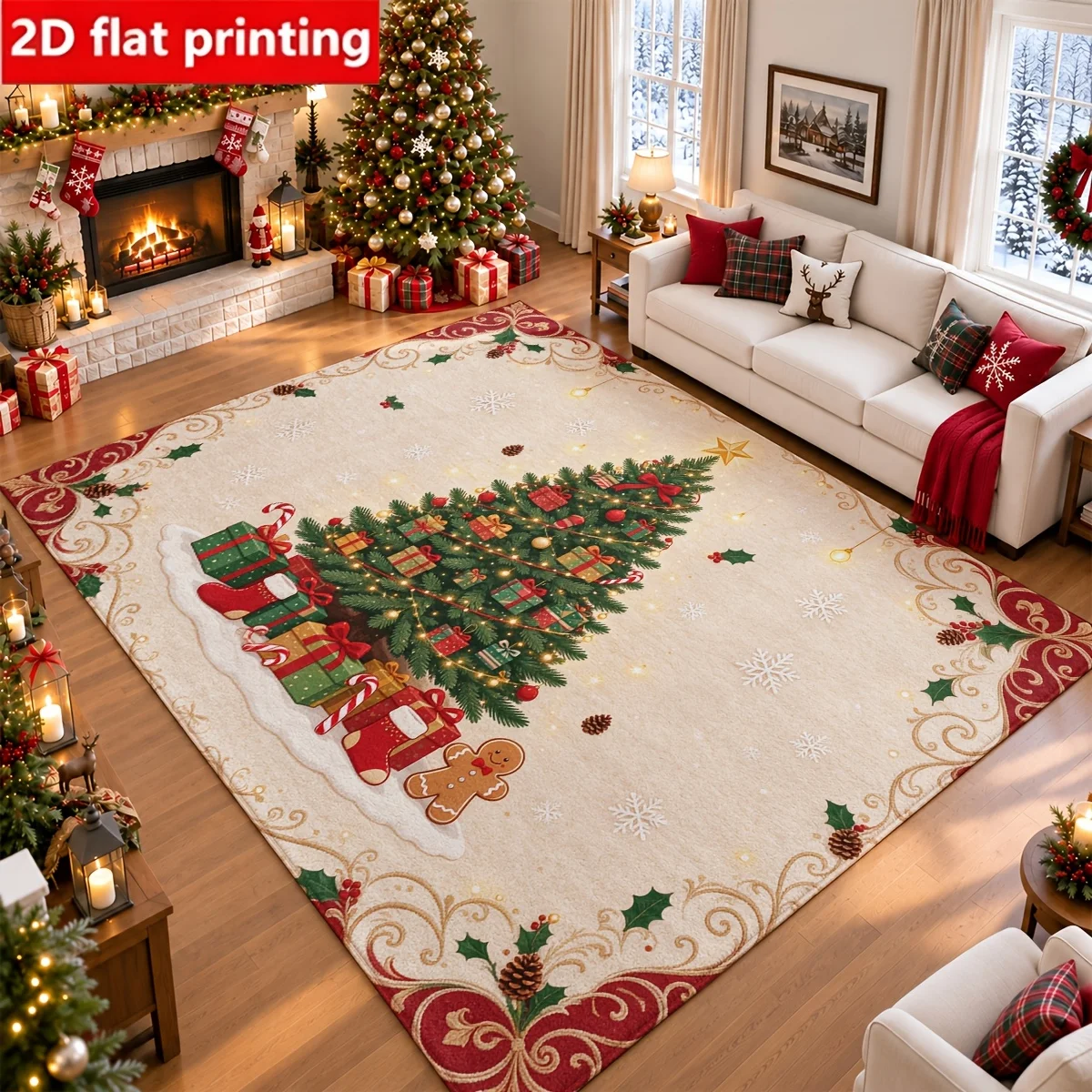 1pc 2D Flat Christmas Tree Gift Box Gingerbread Man Holly Pinecone Printed Floor Mat, Decorative Rug for Living Room, Bedroom