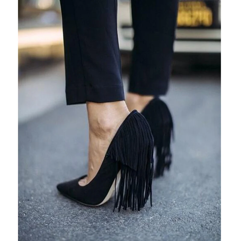 

Spring Fashion Sexy Fringe Back Ladies High Heels Black Suede Leather Pointed Toe Women Slip On Pumps Female Banquet Shoes