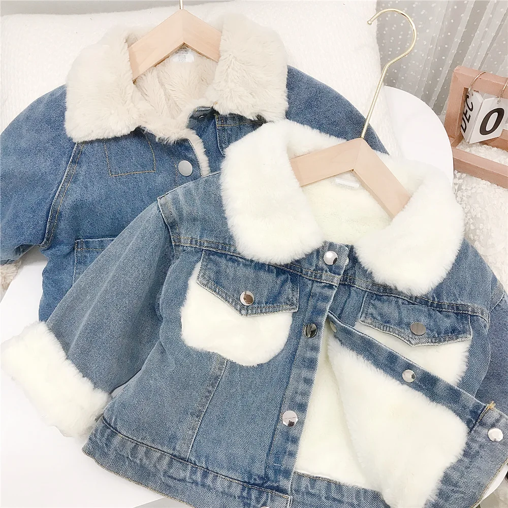 1-7T Toddler Kid Baby Boy Girl Winter Clohtes Plush Warm Infant Denim Jacket Long Sleeve Thick Coat Childrens Outwear Outfit