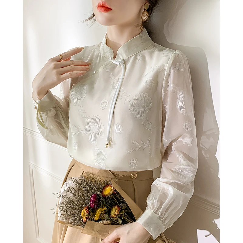 New 2024 Spring Women Shirts & Blouses Stand Collar Chinese Style Long Sleeve Chiffon Blouses Women Jacquard Elegant Top Mujer