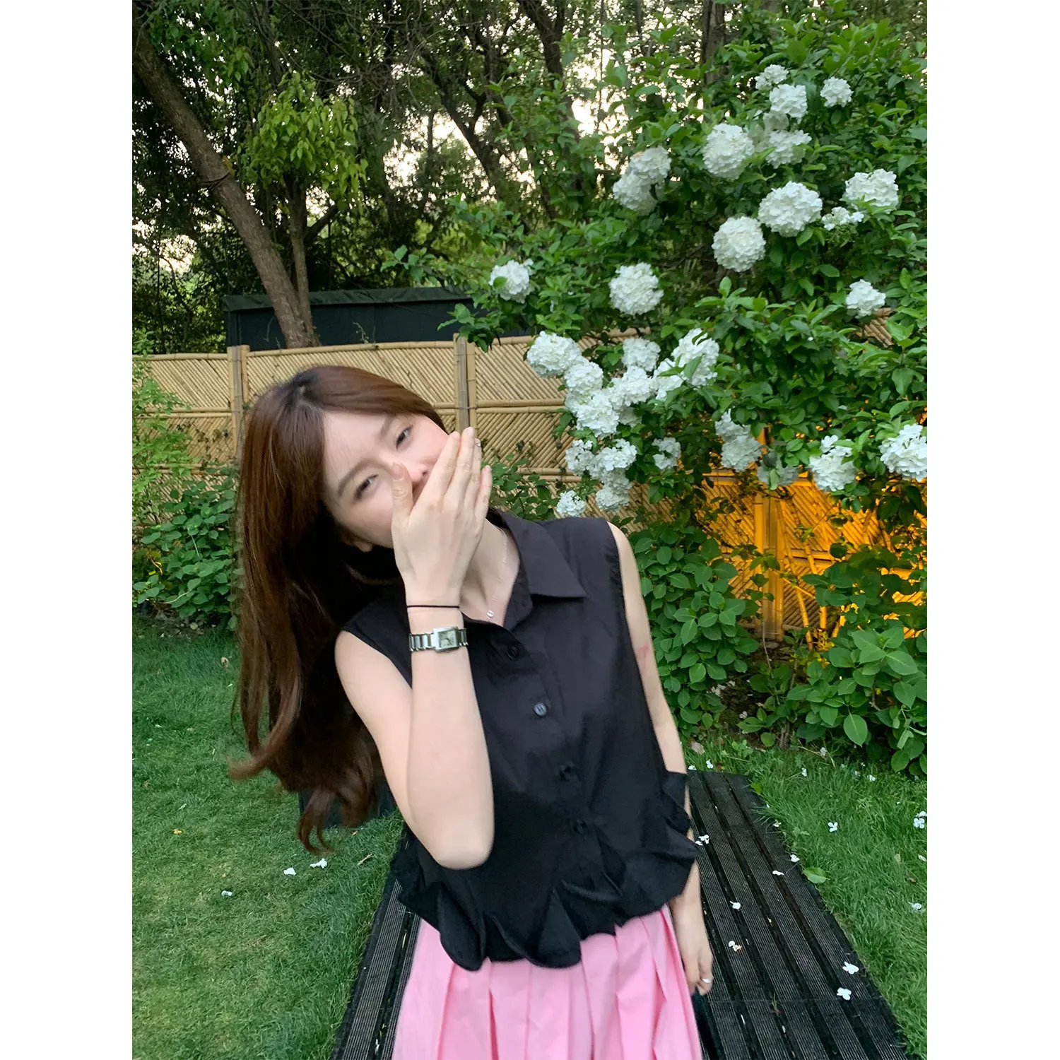 

Bla Flower Petal Vest Women's Svel Collared irt Summer New Sle 2025 Cotton Polyester Blend Regular Fit Pure Color