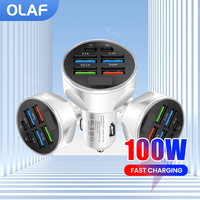 Olaf 100W USB Car Charger Mini Fast Charging 6 Ports Phone Charger Type C QC3.0 PD Car Chargers for IPhone Xiaomi Huawei Samsung