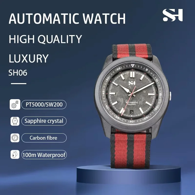 

Новинка 2024, автоматические часы SW200 из углеродного волокна, Роскошные водонепроницаемые мужские часы для дайвинга Часы для дайверов PT5000 41 мм 100 м